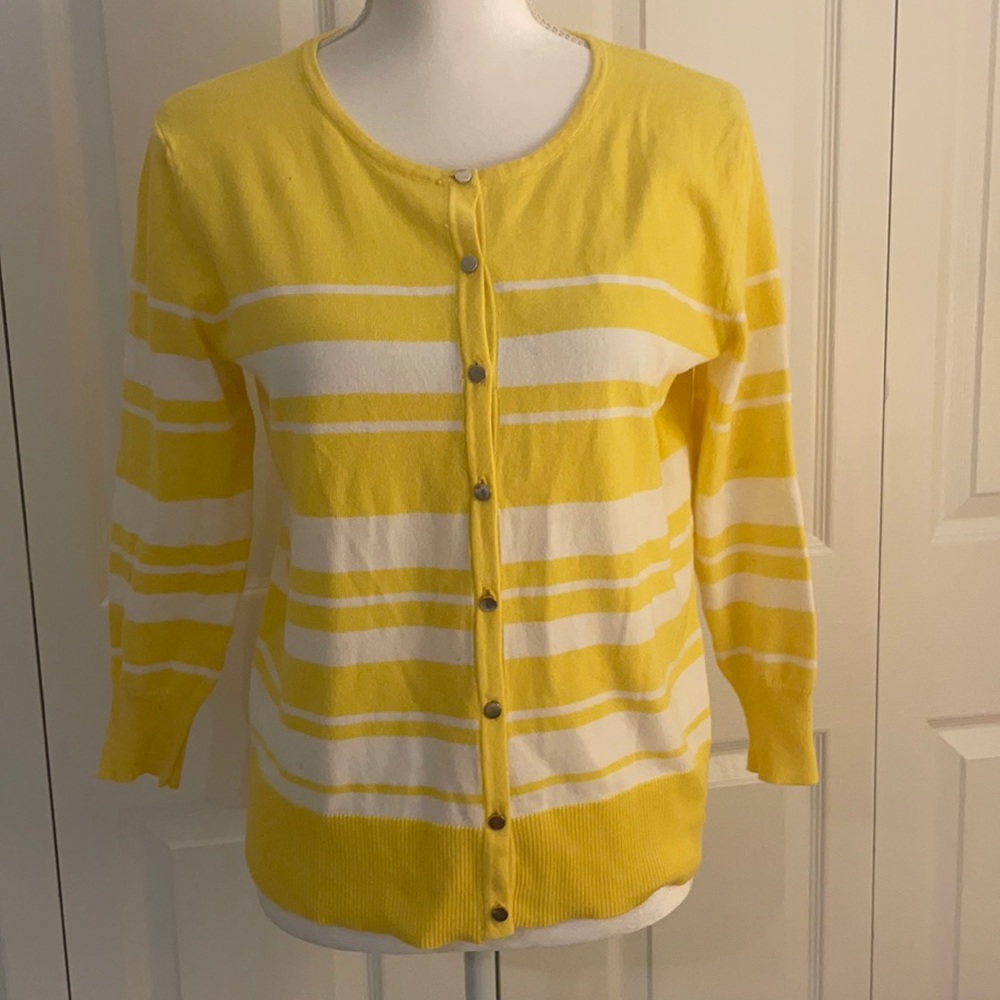 Nue Options Petite PM Yellow/White Striped Sweater with Silver Buttons